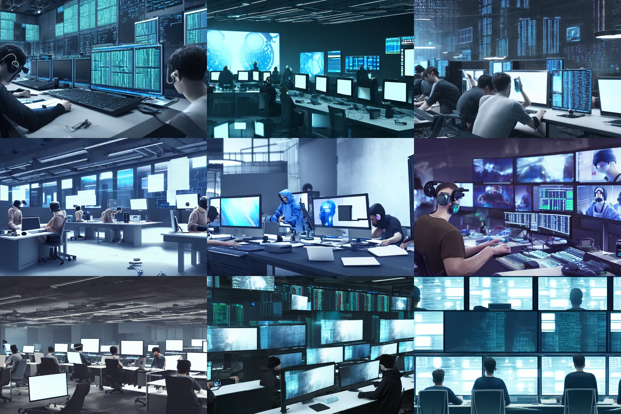 Prompt: detailed realistic scene of a group of hackers working, computer screens, 8 k digital art, hyperrealistic, octane render
