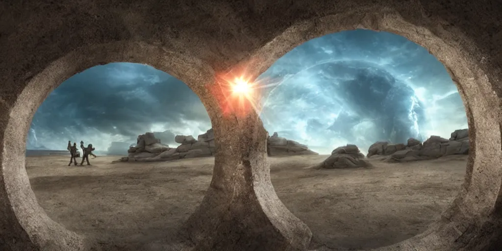 Image similar to stargate made of stone that form a circle, cinematic view, epic sky + highly detailed