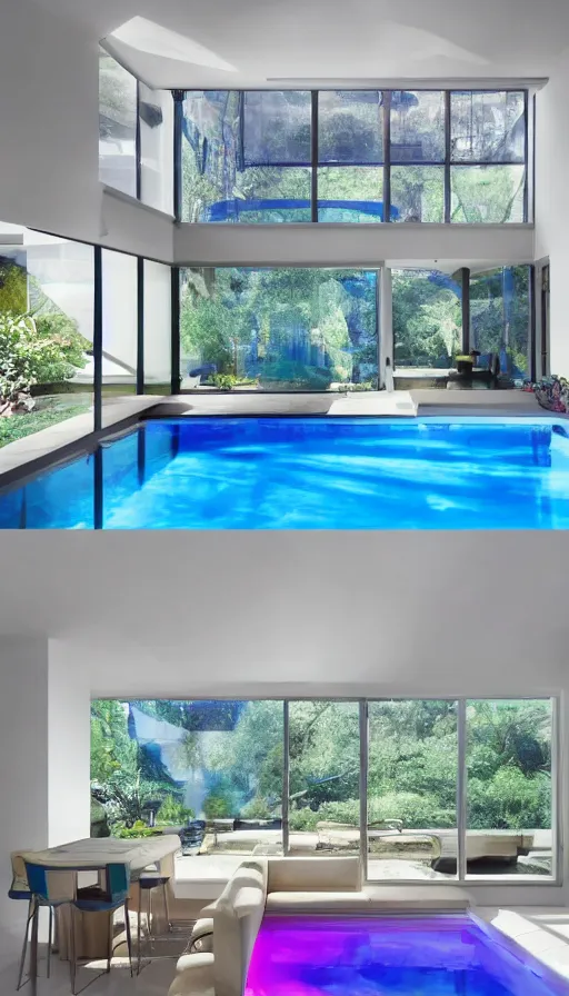 Image similar to A sunlit indoor lounge area with a pool with clear water and another pool with translucent purple water, next to a big window, 3D art