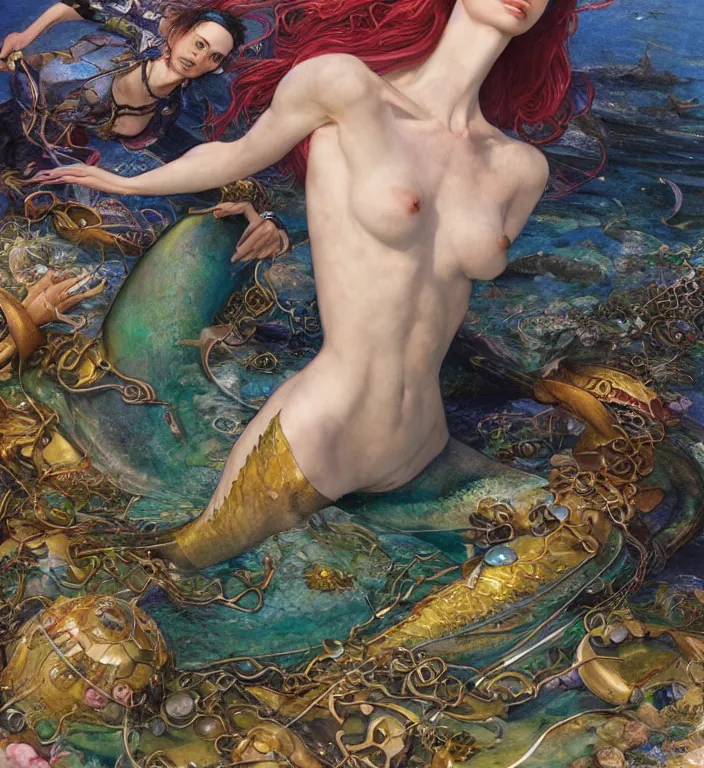 Image similar to a portrait photograph of a meditating fierce krysten ritter as a colorful mermaid super hero with scaled skin. she has many skin grafts and cyborg body modifications. by donato giancola, hans holbein, walton ford, gaston bussiere, peter mohrbacher and brian froud. 8 k, cgsociety