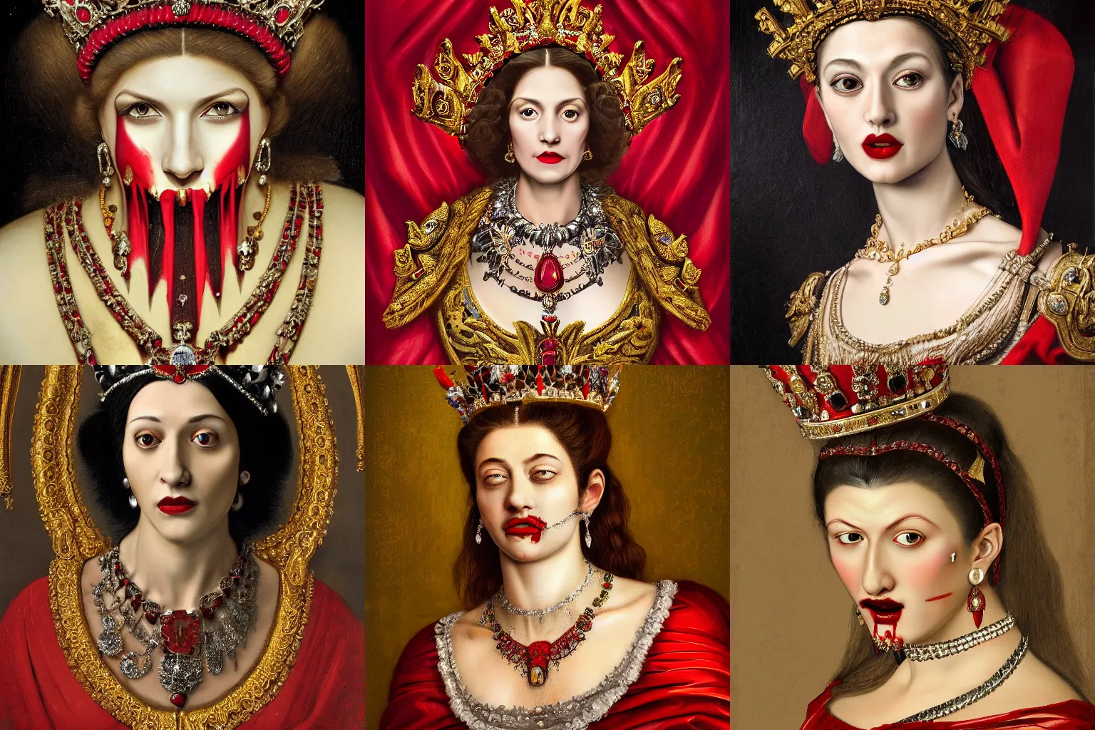 Image similar to A extremely highly detailed majestic hi-res beautiful head and shoulders painting of a beautiful bloody vampre woman with fangs wearing a long royal red silk dress, the crown jewels is on her head and around her neck is a ornate golden necklace decorated with diamonds and rupees by Michelangelo Merisi da Caravaggio, high detail, hyperrealistic, photorealistic, octante render, cinematic, high textures, royaltly, royal, hyper sharp, 4k insanely detailed and intricate, hypermaximalist, 8k, hyper realistic, super detailed, 4k HDR hyper realistic high,