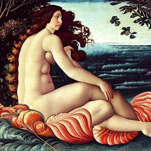 Prompt: an hyperrealistic mythological oil painting of venus with long curly brown hair, full body, wearing floral dress, sleeping in a giant scallop shell, near the seashore, intricate, elegant, renaissance style, by sandro botticelli -