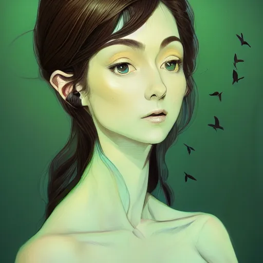 Image similar to 3 / 4 view of a portrait of pixie woman with wings, earthy green, forest background confident pose, pixie, genshin impact,, intricate, elegant, sharp focus, illustration, highly detailed, concept art, matte, trending on artstation, anime, strong brush stroke, sharp focus, illustration, art station, by ilya kuvshinov h 6 4 0