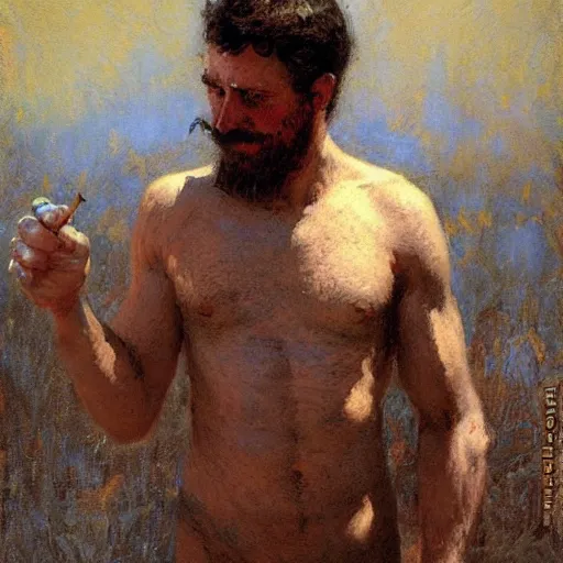 Prompt: a man with a wiry body type, painting by Gaston Bussiere, Craig Mullins