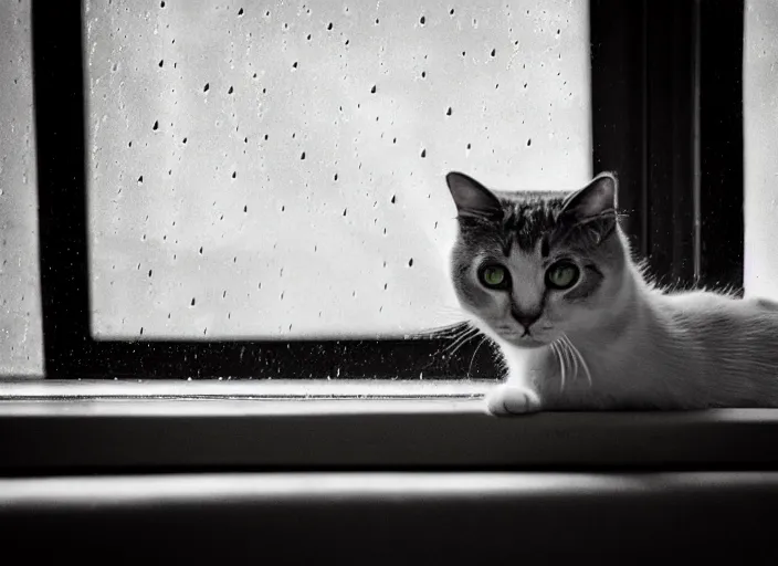 Image similar to photography of a Cat . watching outside the window while it rains. on a bed. in a room full of vinyls and posters, photorealistic, raining award winning photo, 100mm, sharp, high res