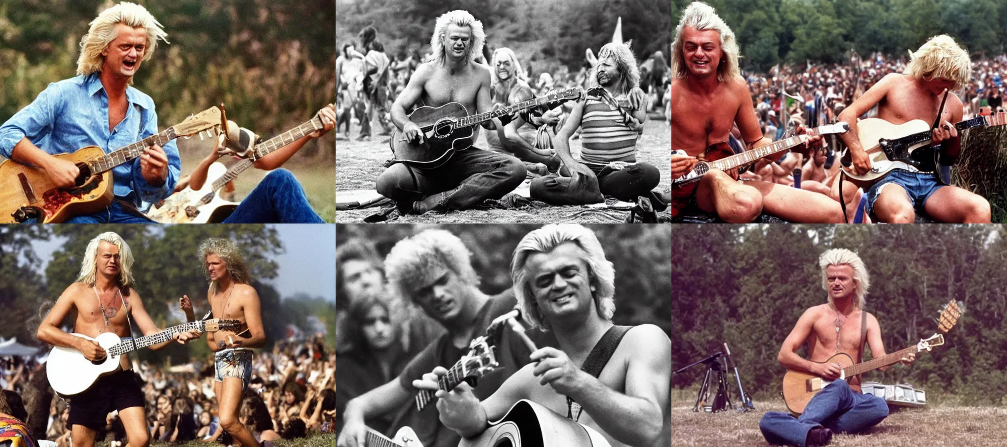 Prompt: geert wilders wearing no shirt playing the guitar on woodstock 1969