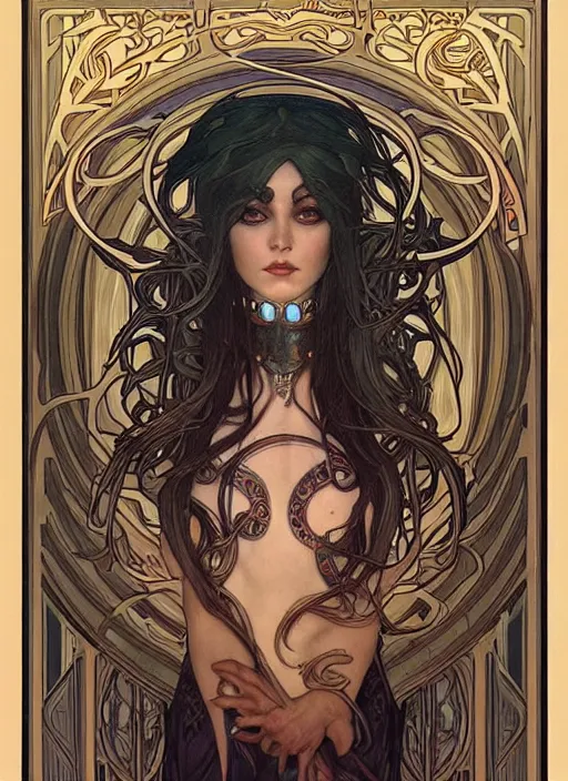Prompt: a highly detailed symmetrical painting of a sorceress with piercing beautiful eyes, dark tomb setting, dynamic lighting, ambient lighting, deviantart, art by alphonse mucha and artgerm and karol bak and mark brooks