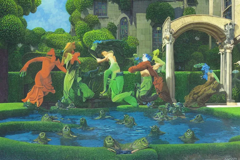 Image similar to a fantasy courtyard scene with dancing frogs, digital painting by maxfield parrish and michael whelan, photorealistic