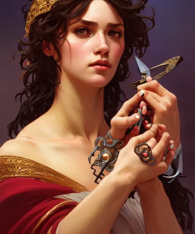 Image similar to portrait of biblical delilah holding small shears, intricate, headshot, highly detailed, digital painting, artstation, concept art, sharp focus, cinematic lighting, illustration, art by artgerm and greg rutkowski, alphonse mucha, cgsociety