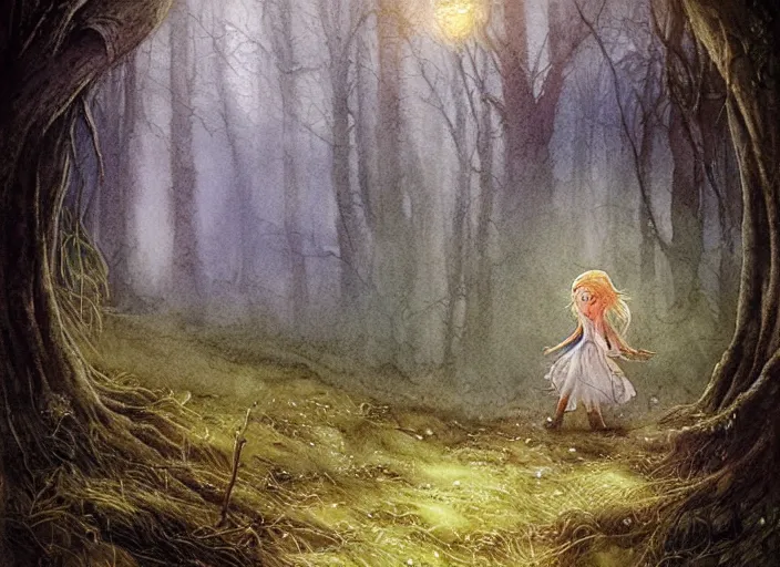 Image similar to young elf girl singing in the forest with fairy lights, light ground fog, river, detailed fantasy watercolor comic style, subtle colors, by alan lee and tony sart