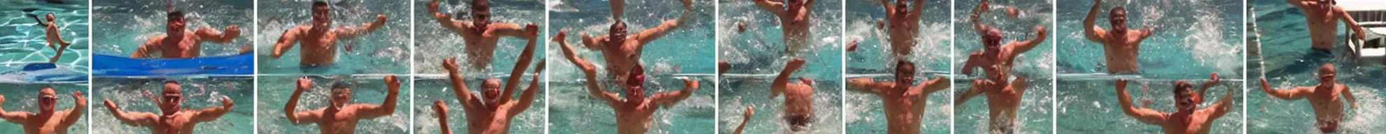 Prompt: 8 consistent frames from a video of a man jumping into a pool