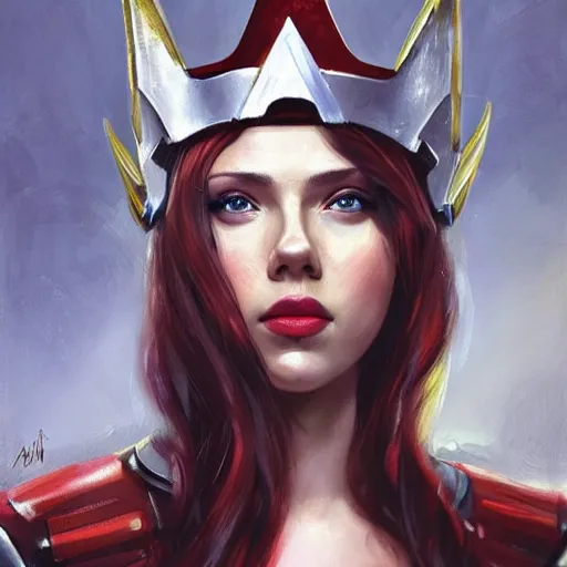 Image similar to captain america by scarlett johansson as an attractive young smiling woman wearing a mushroom crown and heavy armoured wedding dress, face portrait, hd shot, digital portrait, elegant, beautiful, fantasy art, artstation, comic style, by artgerm, guy denning, jakub rozalski, magali villeneuve and charlie bowater