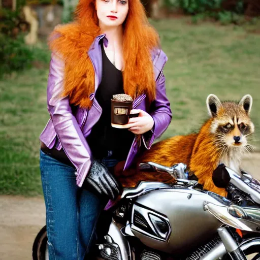 Image similar to a photo by arbus of a slender beautiful woman with straight ginger hair and bangs, wearing purple leathers and gold helmet, posing with large ginger tabby and raccoon on a motorcycle in her front yard, holding coffee mug and toasted brioche bun, fashion photography, dramatic lighting, 8 5 mm lens