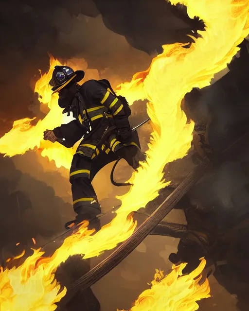 Image similar to heroic firefighter in action in black and yellow uniform, fire flames, sharp details, sharp focus, elegant, highly detailed, illustration, by jordan grimmer and greg rutkowski and pine ( ハイネ ) and 薯 子 imoko and 香 川 悠 作 and wlop and maya takamura, intricate