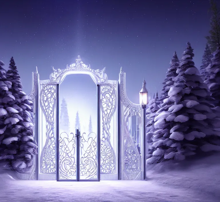 Image similar to a very detailed concept art of intricate and scandinavian white gates to aurora borealis infused with lights, trending on artstation, symmetry, digital art, 4 k, hyper realistic, octane render, sharp focus