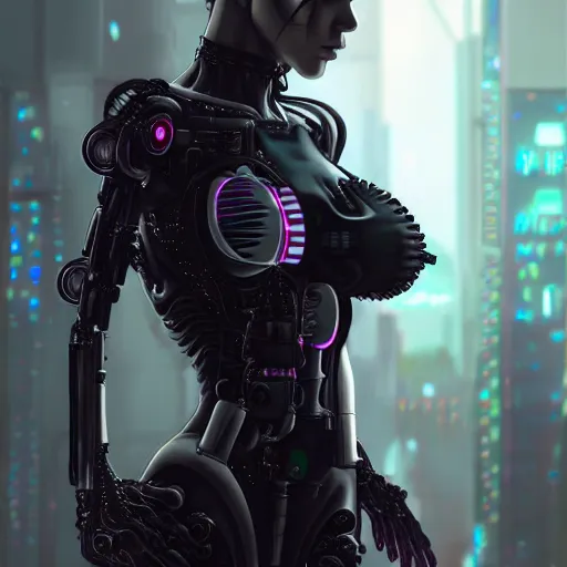 Image similar to Mechanical Cyberpunk Female Android, Half-Body, intricate, elegant, super highly detailed, professional digital painting, artstation, concept art, smooth, sharp focus, no blur, no dof, extreme illustration, Unreal Engine 5, Photorealism, HD quality, 8k resolution, cinema 4d, 3D, beautiful, cinematic, art by artgerm and greg rutkowski and alphonse mucha and loish and WLOP