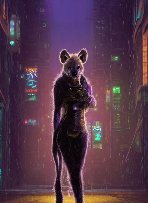 Image similar to beautiful full-body portrait commission of a (female furry anthro spotted hyena fursona wearing jedi robes) (in a cyberpunk city at night in the rain). Neon light. Atmospheric. Renowned character illustration by greg rutkowski, thomas kindkade, alphonse mucha, loish, norman rockwell. detailed, dungeons and dragons character art