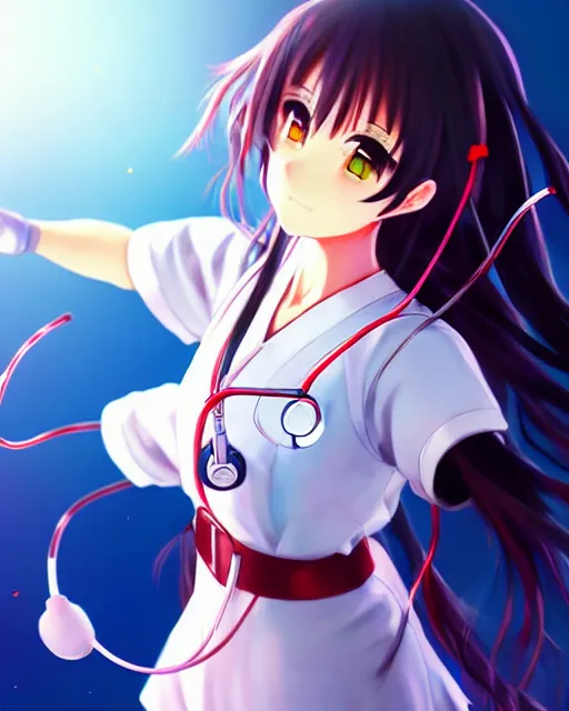 Image similar to anime style, vivid, expressive, full body, 4 k, painting, a cute magical girl with a long wavy black hair wearing a nurse outfit, stunning, realistic light and shadow effects, centered, simple background, studio ghibly makoto shinkai yuji yamaguchi