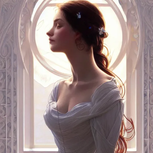 Image similar to long shot, woman posing, short wavy hair, round face, intricate white dress, cottagecore!!, inside water, intricate, enlightened, highly detailed, digital painting, artstation, concept art, smooth, sharp focus, illustration, art by artgerm and greg rutkowski and alphonse mucha