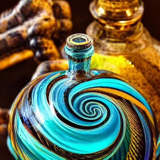 Prompt: A hand reaches for an ornate blown glass twisted spiral striped bottle that is sitting on a pile of treasure, ornate, jewels, smoke is coming out of the bottle