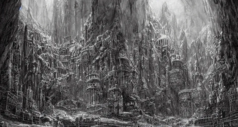 Prompt: Masterfully drawn mspaint art piece of middle-earth's 'Mines of Moria' by James Gurney. View from underground within ancient dwarven mining equipment and architecture. Amazing beautiful incredible wow awe-inspiring fantastic masterpiece gorgeous fascinating glorious great.