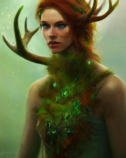 Prompt: female druid, perfect face, thin antlers, green tunic, ginger hair, cinematic, freckles, stunning, muscular, abs, highly detailed, psychedelic, digital painting, artstation, smooth, hard focus, illustration, art by jessica rossier and and brian froud