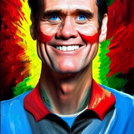 Image similar to painted portrait of jim carrey as super mario, highly detailed, colourful, brushstrokes, highly detailed