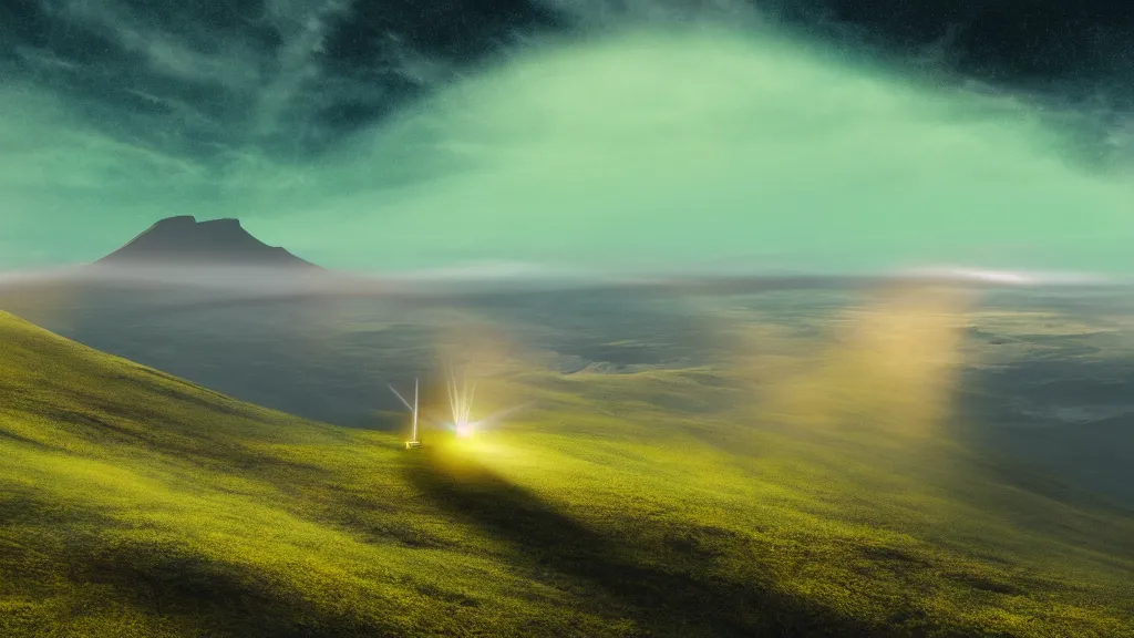 Image similar to matte painting of a nocturnal brocken spectre in the sky above the mystical green hill, with some silhouettes of hikers in the distance
