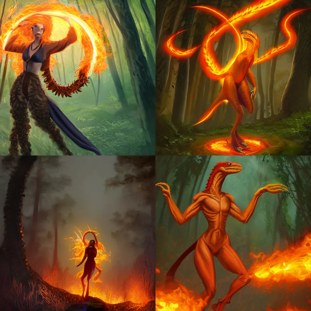 Prompt: A Female Velociraptor Sorcerer surrounded by orange globes of fire, standing in the middle of a forest clearing, digital art, trending on Artstation