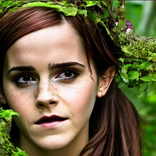 Prompt: Emma Watson as a dryad with purple hair in the jungle