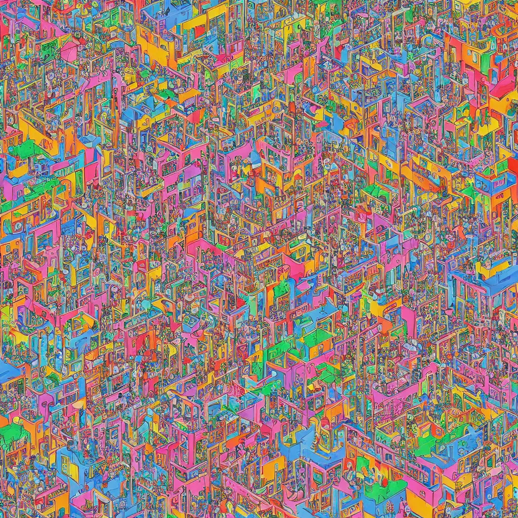 Prompt: a Where's Waldo puzzle of a chinese prison by lisa frank, beautiful, bold colors, detailed