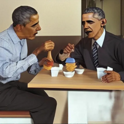 Image similar to Einstein and Obama taking a shit on table at McDonalds, ultra detailed, photorealistic, dramatic lighting