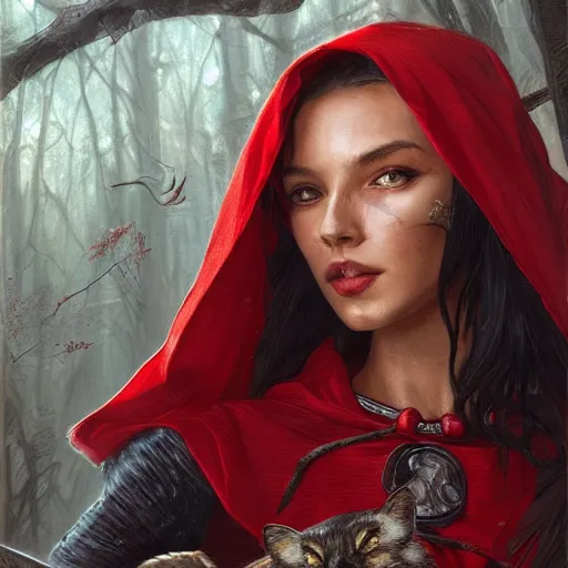 Prompt: Beautiful face Portrait of Little Red Riding Hood with a black panther, intricate, wild, highly detailed, digital painting, artstation, concept art, smooth, sharp focus, illustration, art by artgerm and greg rutkowski and alphonse mucha, footage from space camera