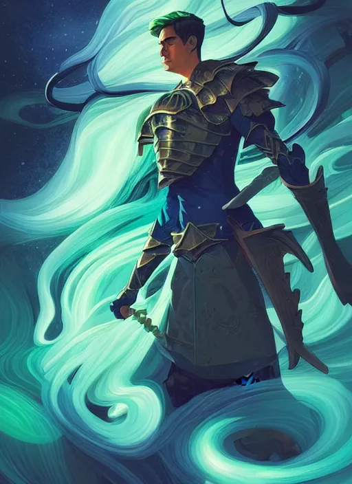 Image similar to style artgerm, joshua middleton, illustration, john krasinski as rune knight wearing green pelt light armor, blue hair, swirling water cosmos, fantasy, dnd, cinematic lighting