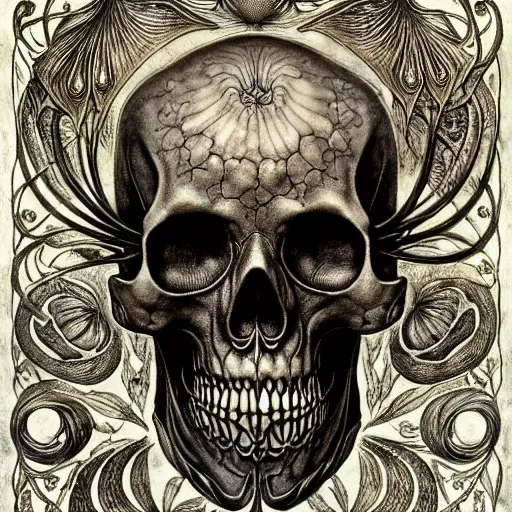 Prompt: memento mori by arthur rackham, art forms of nature by ernst haeckel, exquisitely detailed, art nouveau, gothic, ornately carved beautiful skull mask dominant, intricately carved ornamental antique bone, art nouveau botanicals, art forms of nature by ernst haeckel, horizontal symmetry, symbolist, visionary