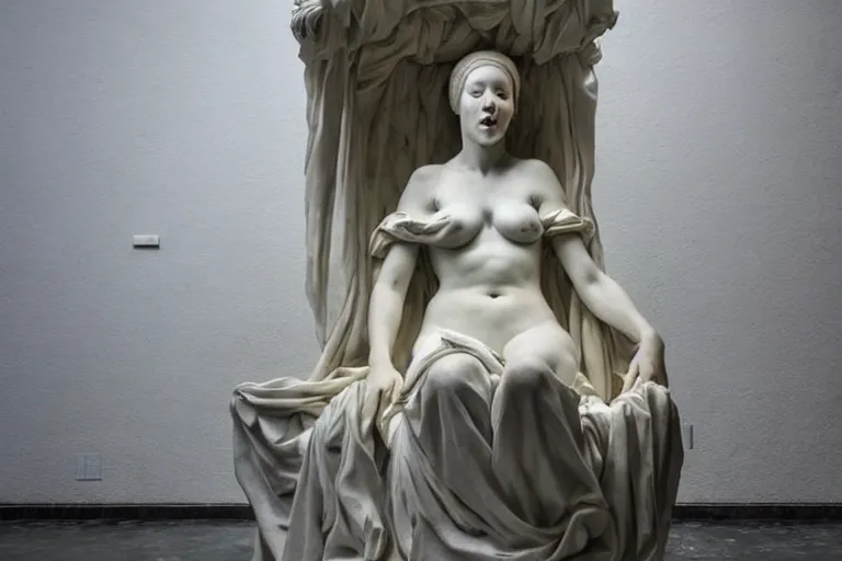 Image similar to a sculpture of a renaissance girl sitting on a top of the chair, a white marble sculpture covered with floating water by nicola samori, behance, neo - expressionism, marble sculpture, apocalypse art, made of mist, medium shot