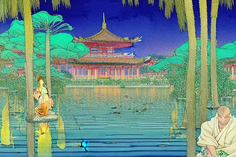 Prompt: a hyperrealist watercolor of a zen water scene at night. buddhist temple in the background. neon roses and palm trees. by rebecca guay, michael kaluta, charles vess and jean moebius giraud