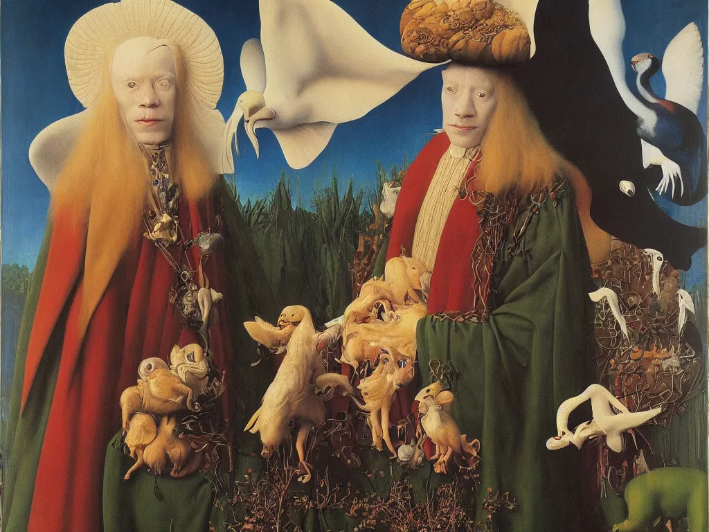 Image similar to Portrait of albino mystic with blue eyes, with exotic beautiful megafauna. Painting by Jan van Eyck, Audubon, Rene Magritte, Agnes Pelton, Max Ernst, Walton Ford