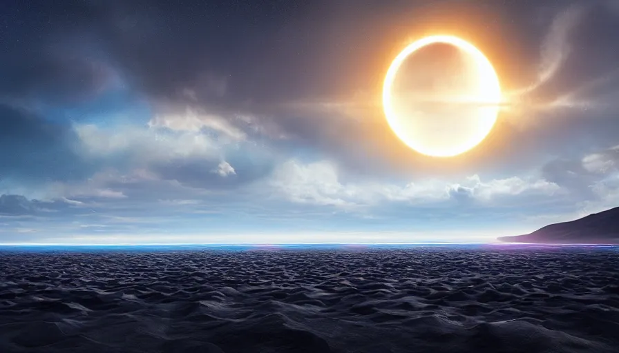 Image similar to solar eclipse in iceland, black sand, colorful clouds, blue sky, jessica rossier, art station