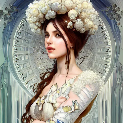 Image similar to a photograpic portrait of a anthropomorphic mimosa wearing white clothes, fantasy, intricate, elegant, highly detailed, digital painting, artstation, concept art, smooth, sharp focus, illustration, art by artgerm and H R Giger and alphonse mucha