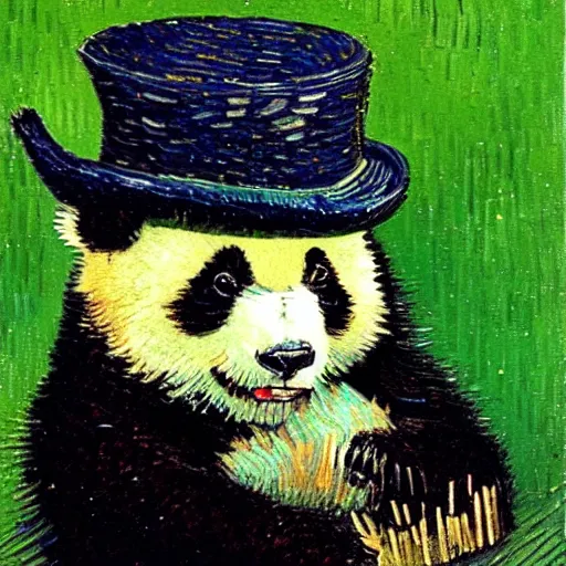 Image similar to a van gogh painting of a baby panda wearing a top hat, 4 k, hyper realistic, dslr, landscape, high resolution