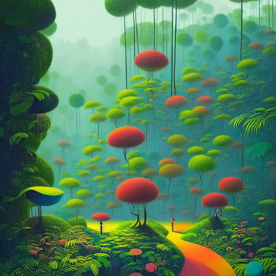 Prompt: surreal glimpse, malaysia jungle, summer morning, very coherent and colorful high contrast pastel art by gediminas pranckevicius, james gilleard, floralpunk screen printing woodblock, dark shadows, hard lighting, stippling dots,
