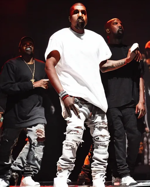 Image similar to kanye rapping on stage but his clothes are ten times too large for him