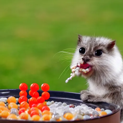 Prompt: a miserable little creature eating a bowl of marbles