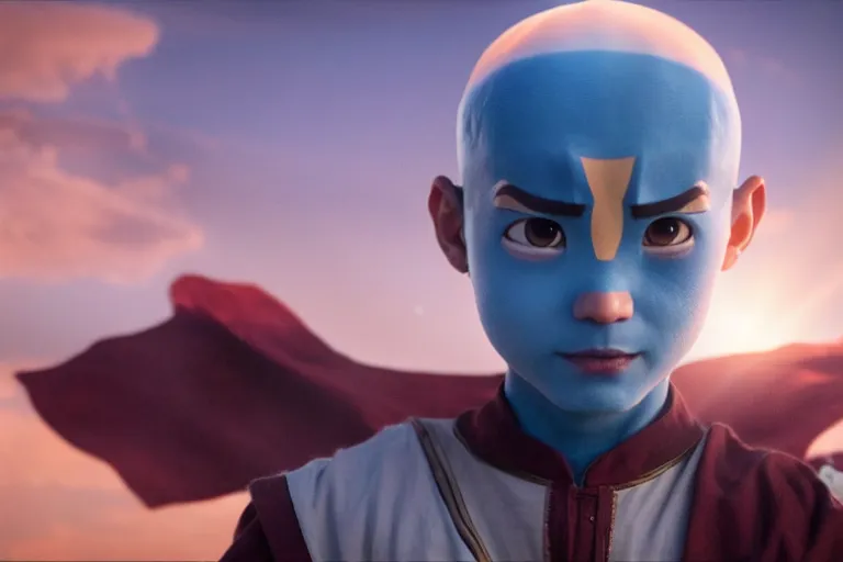 Prompt: live action film still of aang in the new fantasy movie, cinematic lighting