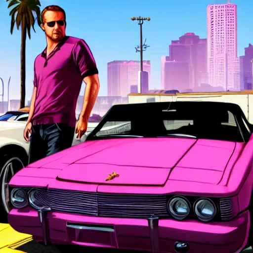 Image similar to gta v cover art by stephen bliss of ryan gosling wearing aviator sunglesses near a pink convertible car