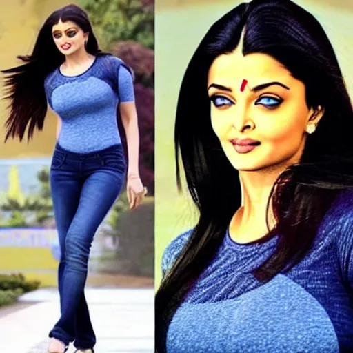 Image similar to aishwarya rai, blue tight tshirt, black extremely tight jeans, beautiful, award winning photography, extremely detailed, hyperrealistic, 4 k, real detailed face, full body, amazing bulging chest