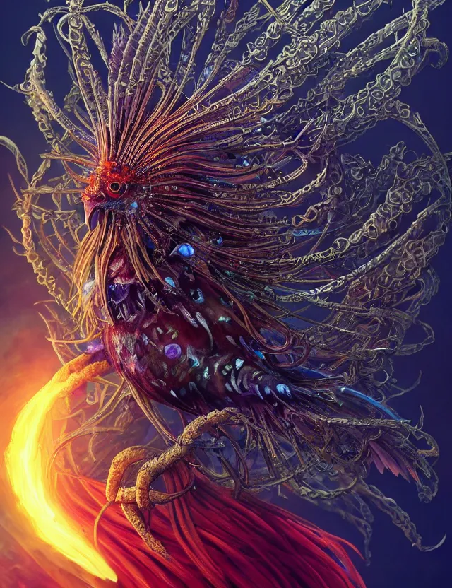 Prompt: witch phoenix macro close - up portrait with crown made of ram skull. phoenix, betta fish, jellyfish, plasma, ice, water, wind, creature, super intricate ornaments artwork by tooth wu and wlop and beeple and greg rutkowski