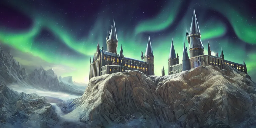 Image similar to mysterious painting of Hogwarts under the northern lights, immaculate scale, hyper-realistic, Unreal Engine, Octane Render, digital art, trending on Artstation, 16k, detailed, atmospheric, immaculate