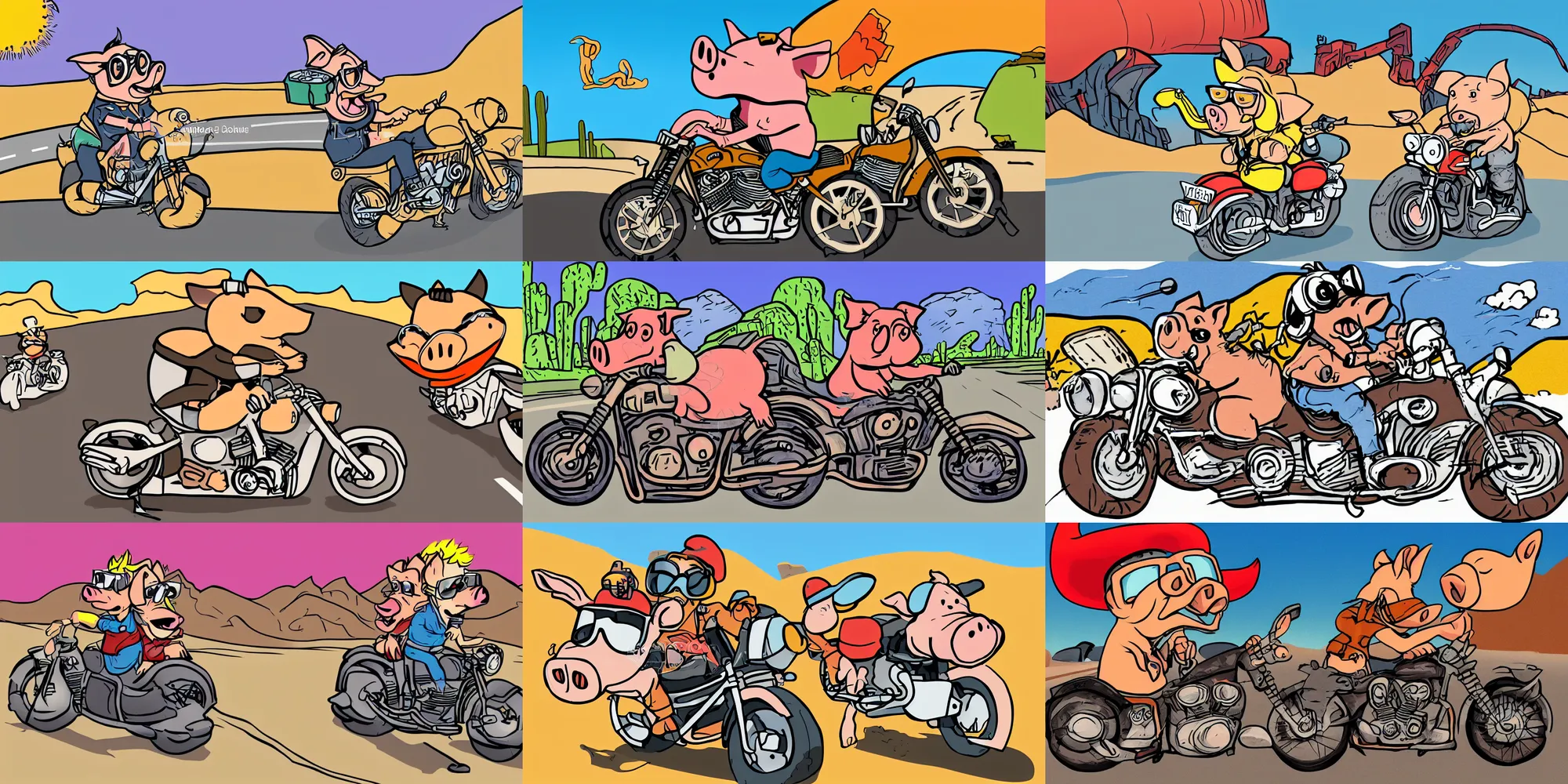 Prompt: cartoon illustration of a pig riding on a motorcycle, down a highway, in the desert. Dressed in biker clothing, wearing sunglasses.